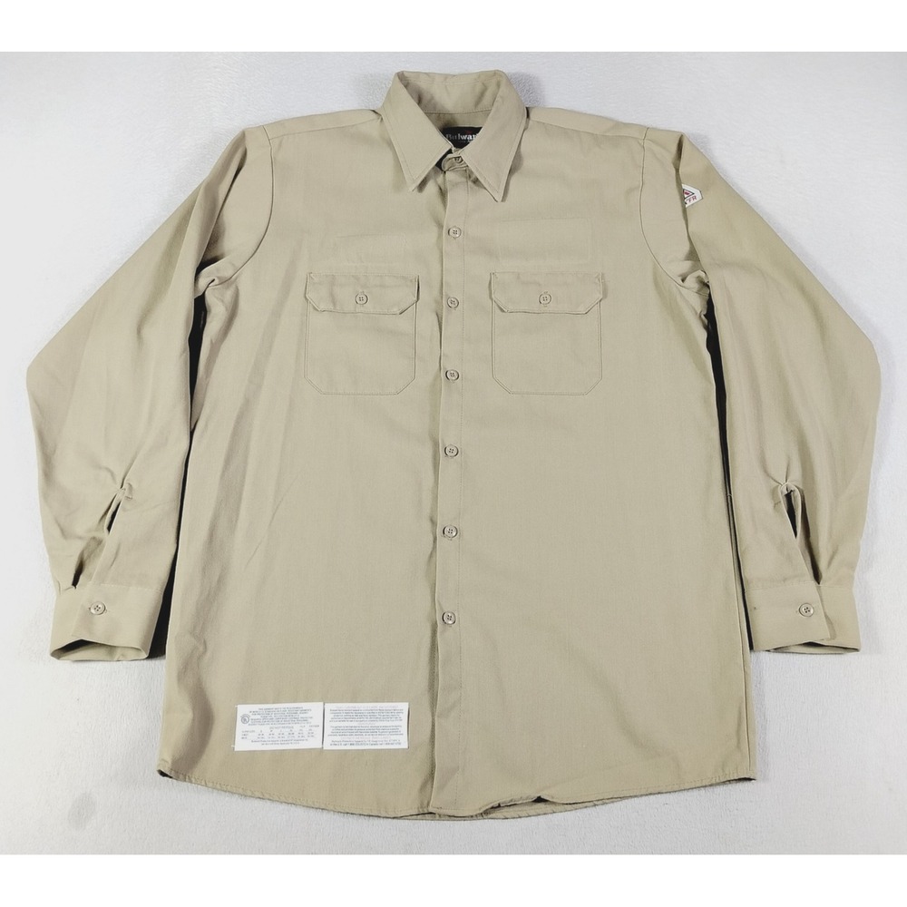 Bulwark FR Shirt Mens Large Beige Flame Resistant Long Sleeve Button Up Workwear